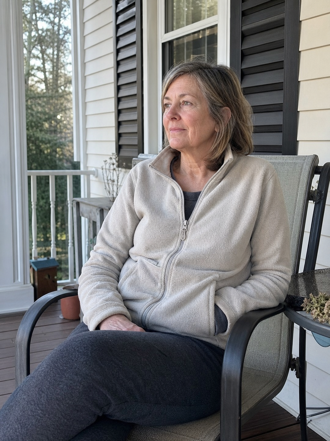 Woman sitting quietly on a porch in the morning
