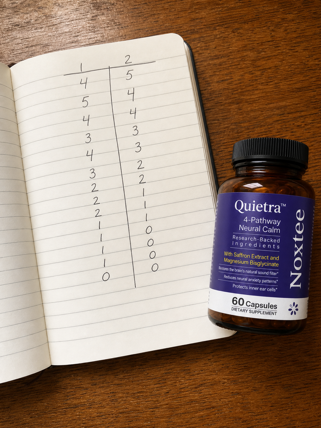 Open symptom notebook beside a Noxtee bottle