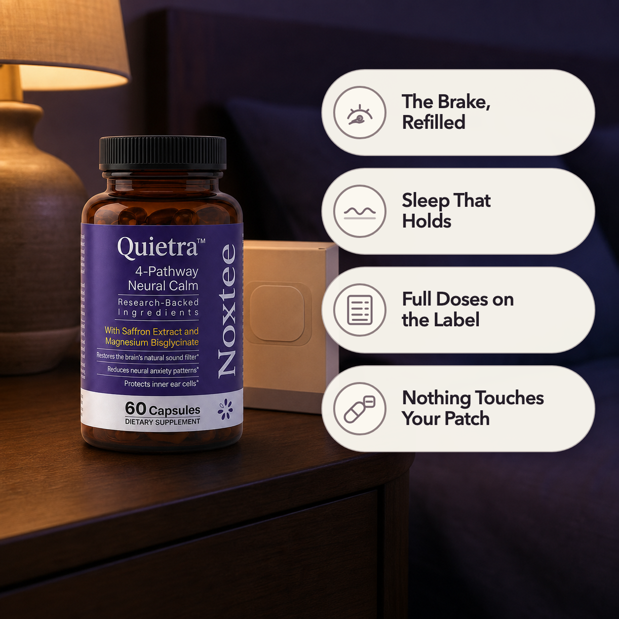 Noxtee bottle beside a hormone patch box with four formula benefits