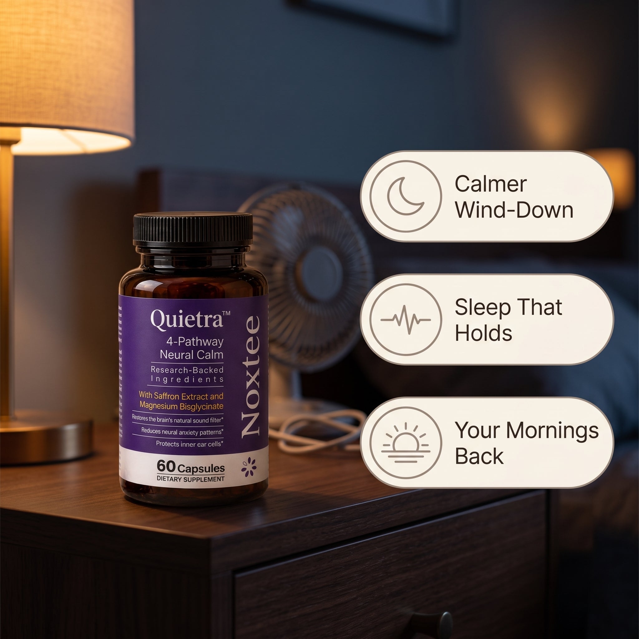 Noxtee bottle on a warm nightstand