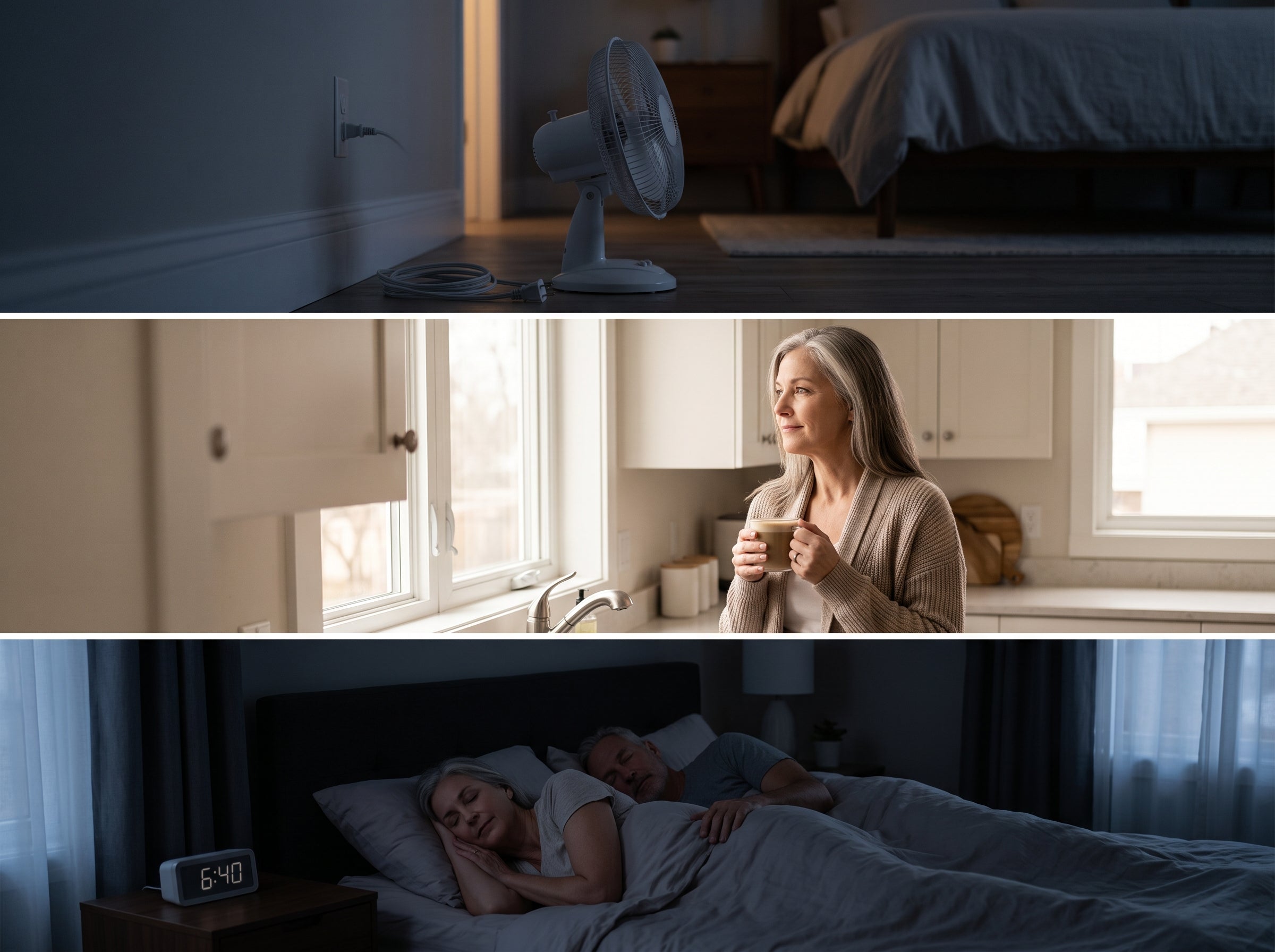 An unplugged fan, a calm morning coffee, and a couple sleeping until 6:40