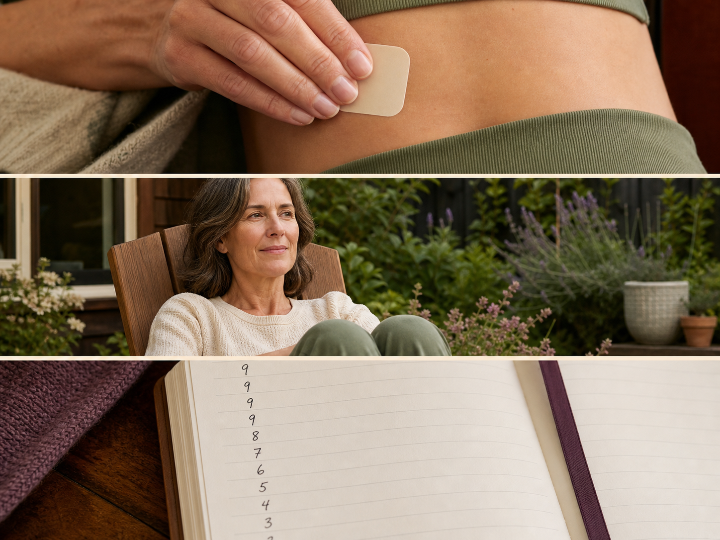 A hormone patch routine, a quiet garden chair, and a notebook with fewer high-number nights