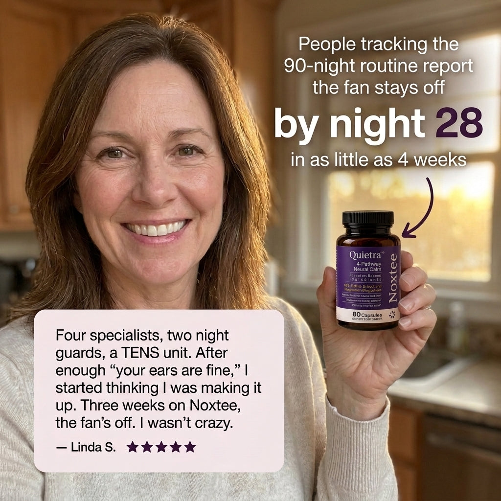 Linda holding a Noxtee bottle with a 90-night routine testimonial