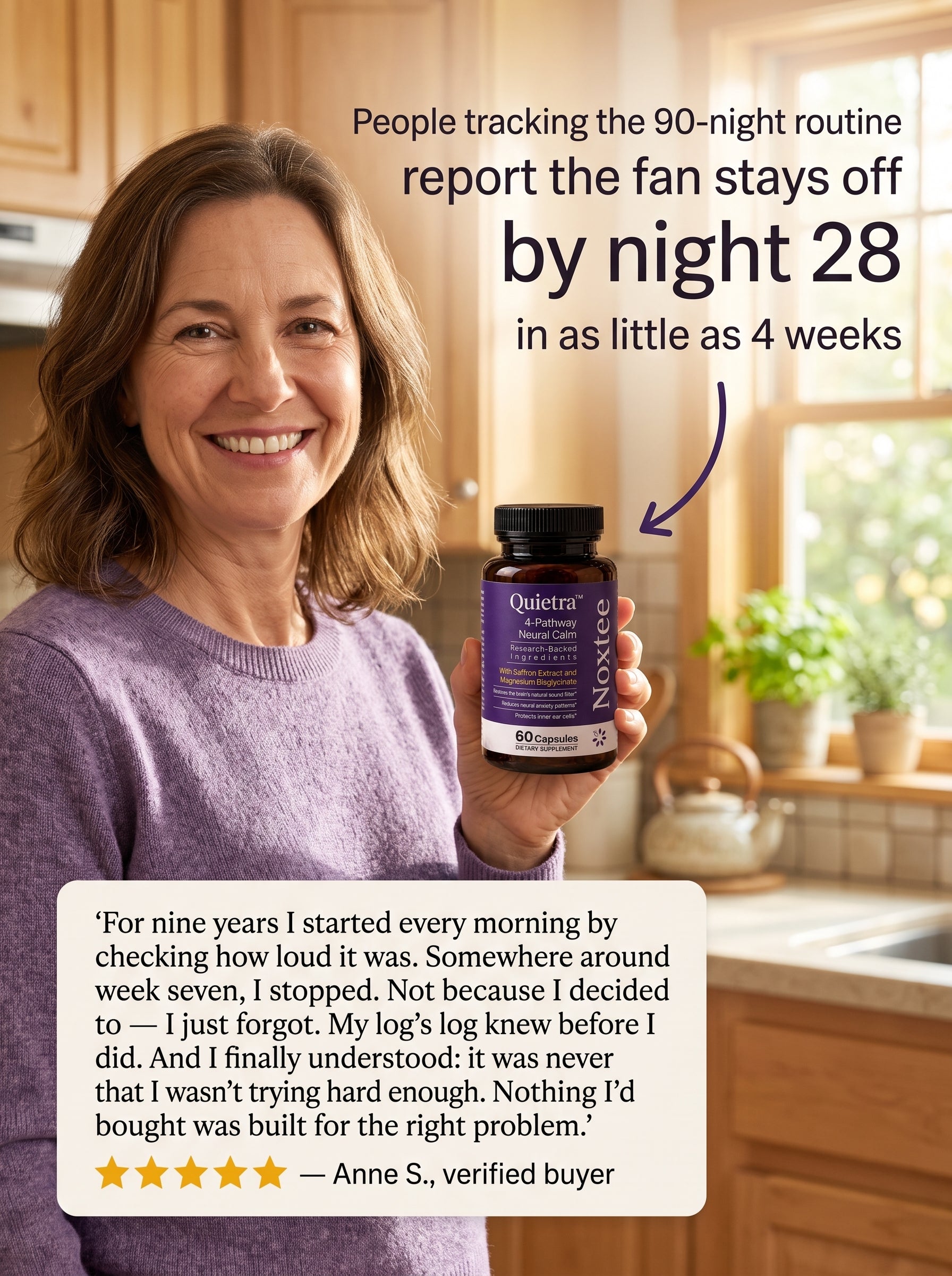 Anne holding Noxtee with her verified-buyer review