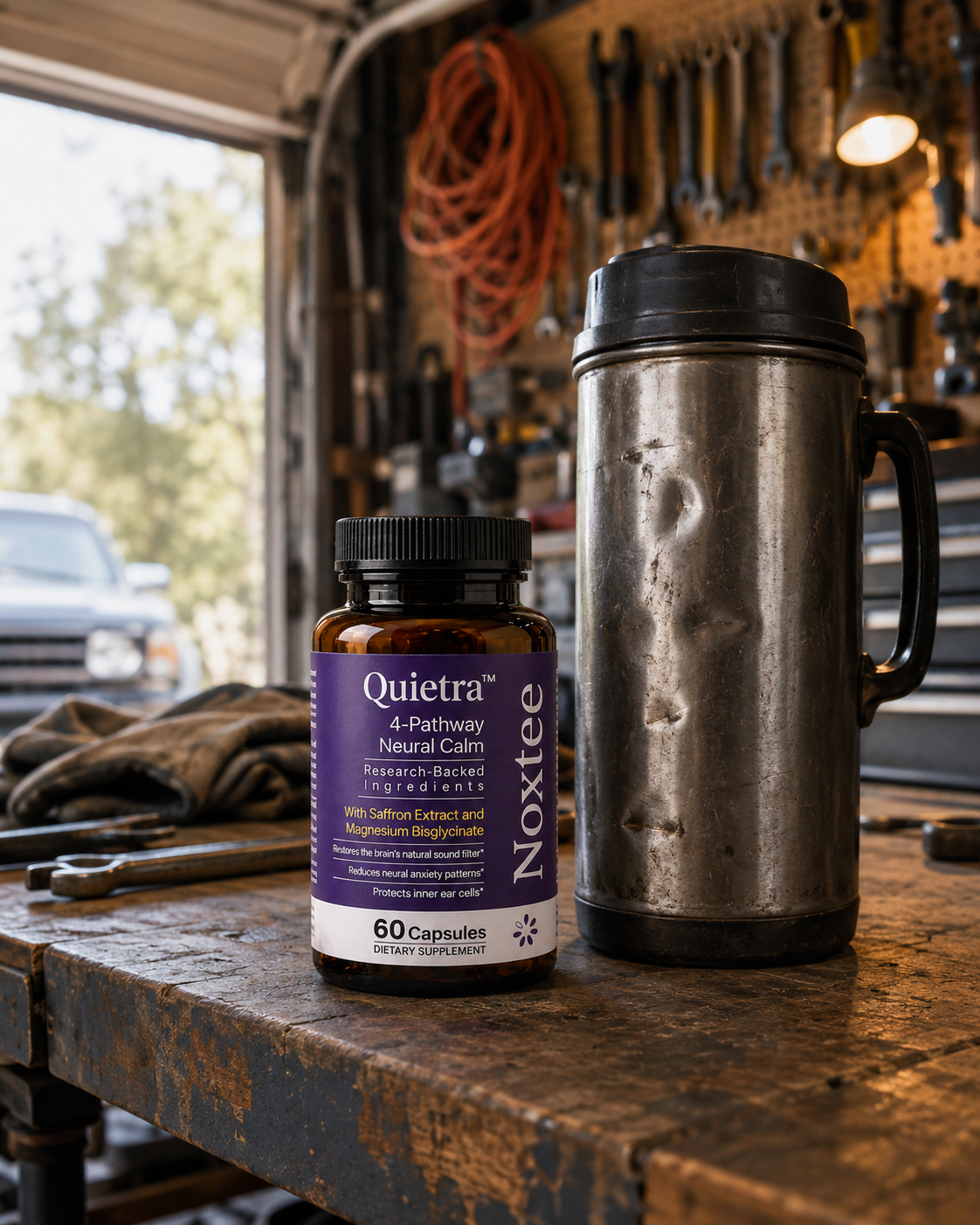 Noxtee bottle on a garage workbench beside a coffee thermos