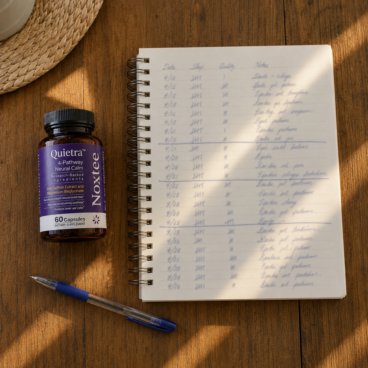 Sleep notebook open beside a Noxtee bottle