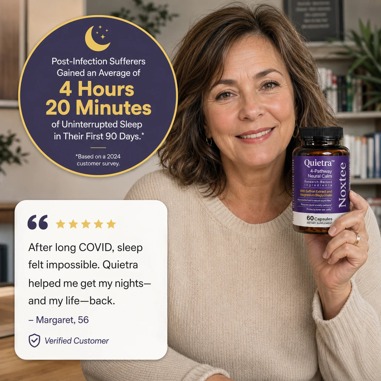 Margaret holding a Noxtee bottle with her sleep result and testimonial