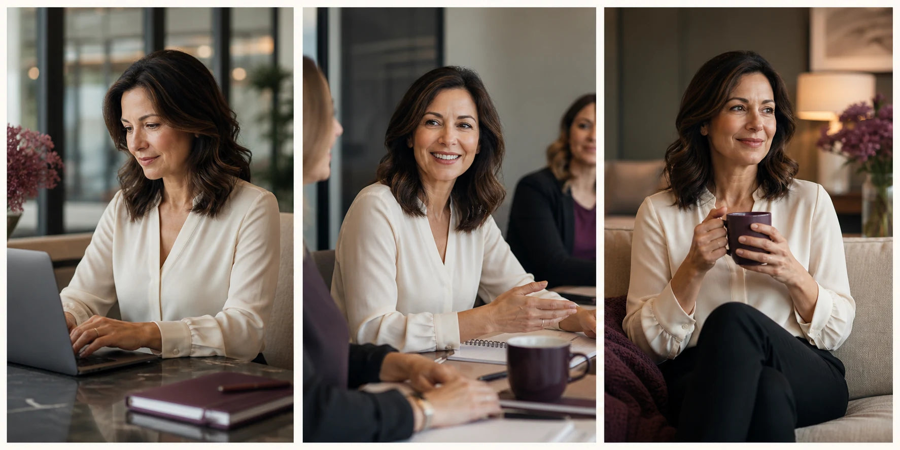 A working professional focused at work, present in a meeting, and relaxed at home
