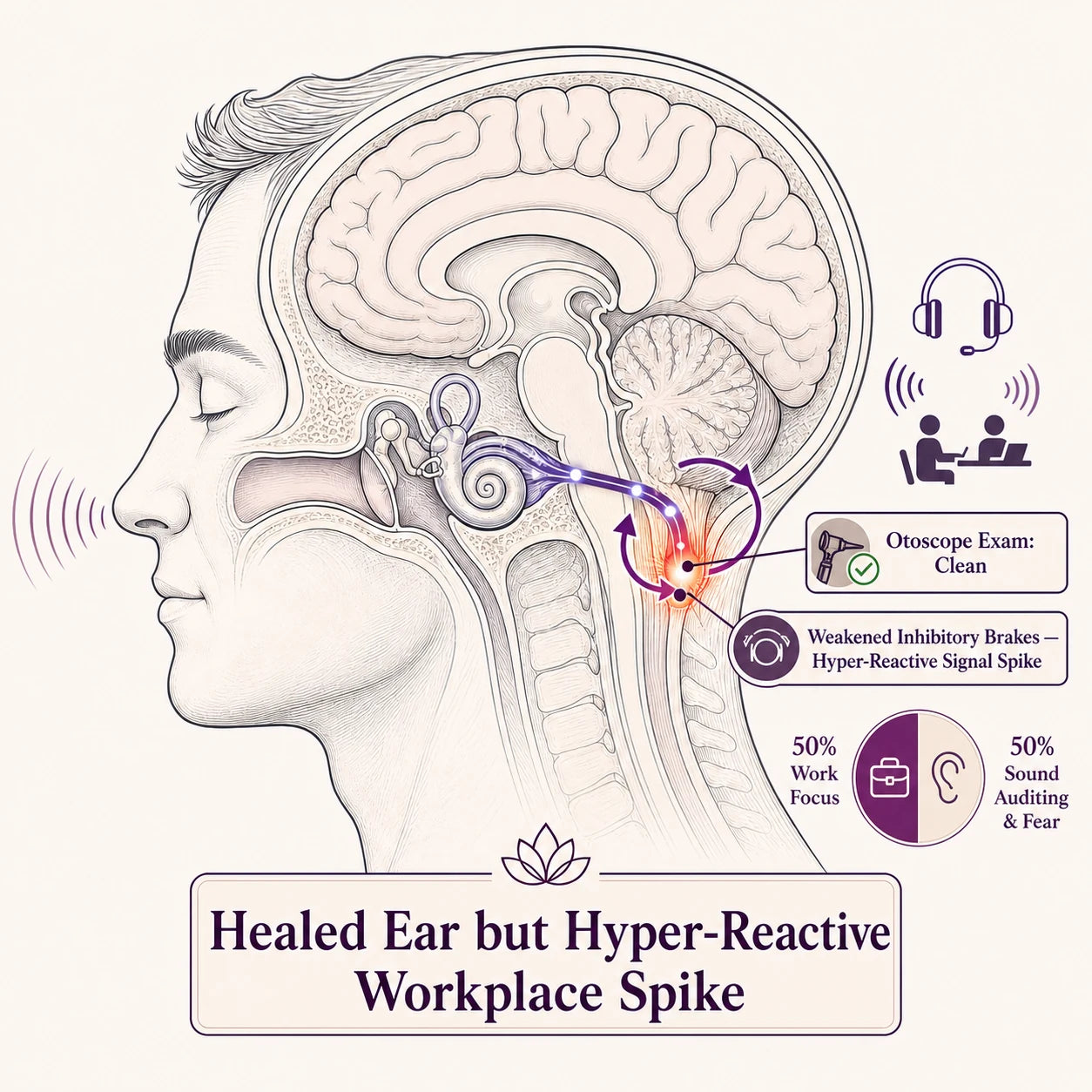 Healed ear with a hyper-reactive auditory relay during workplace sound