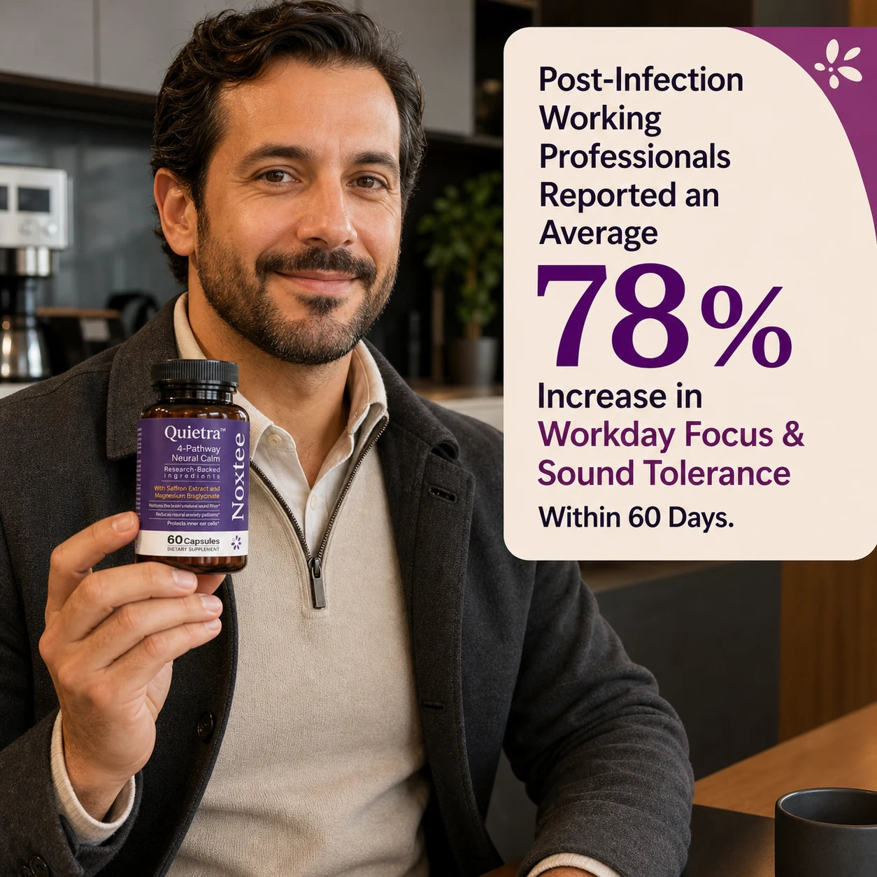 Working professional holding Noxtee with workday focus and sound tolerance result