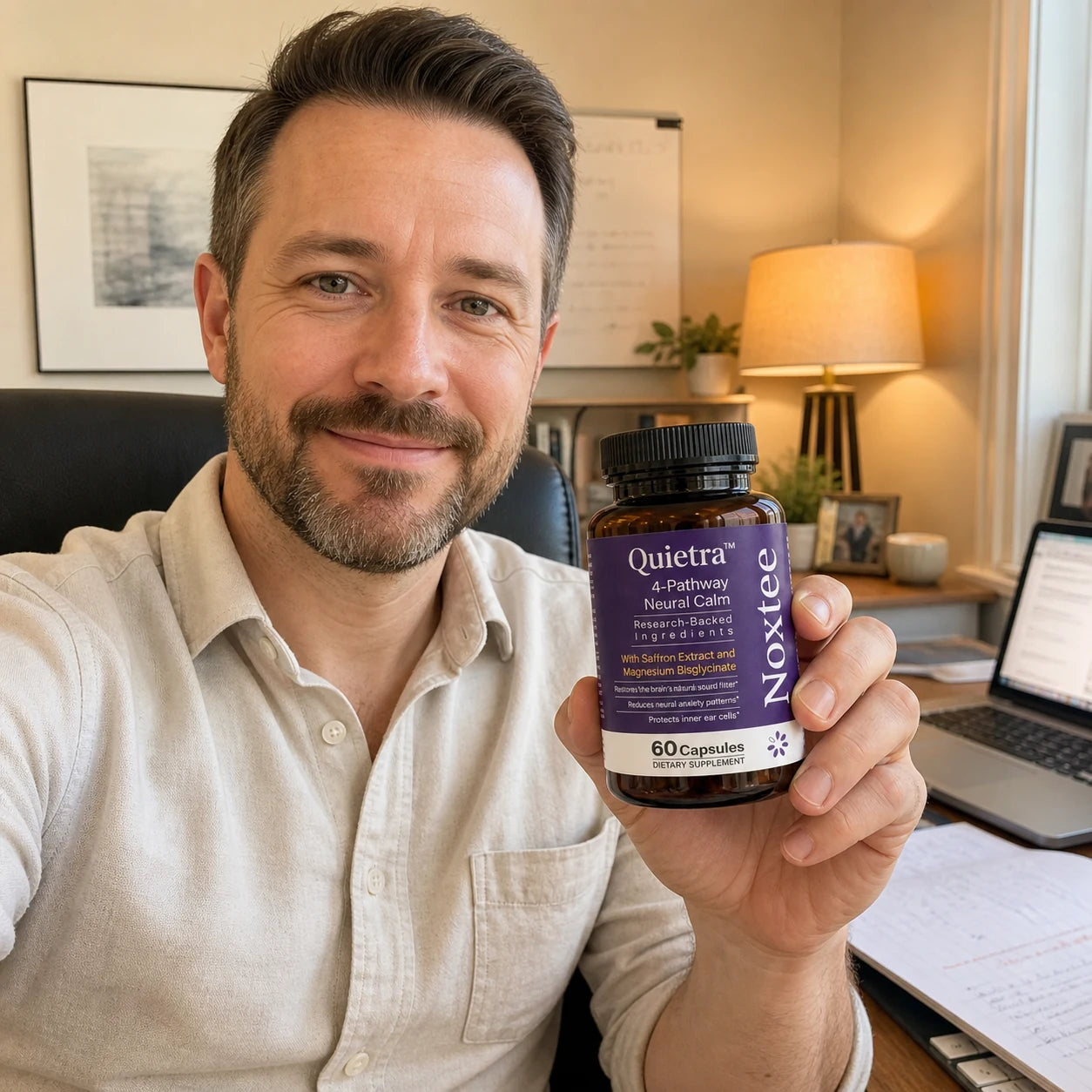Jason holding a Noxtee bottle in his home office