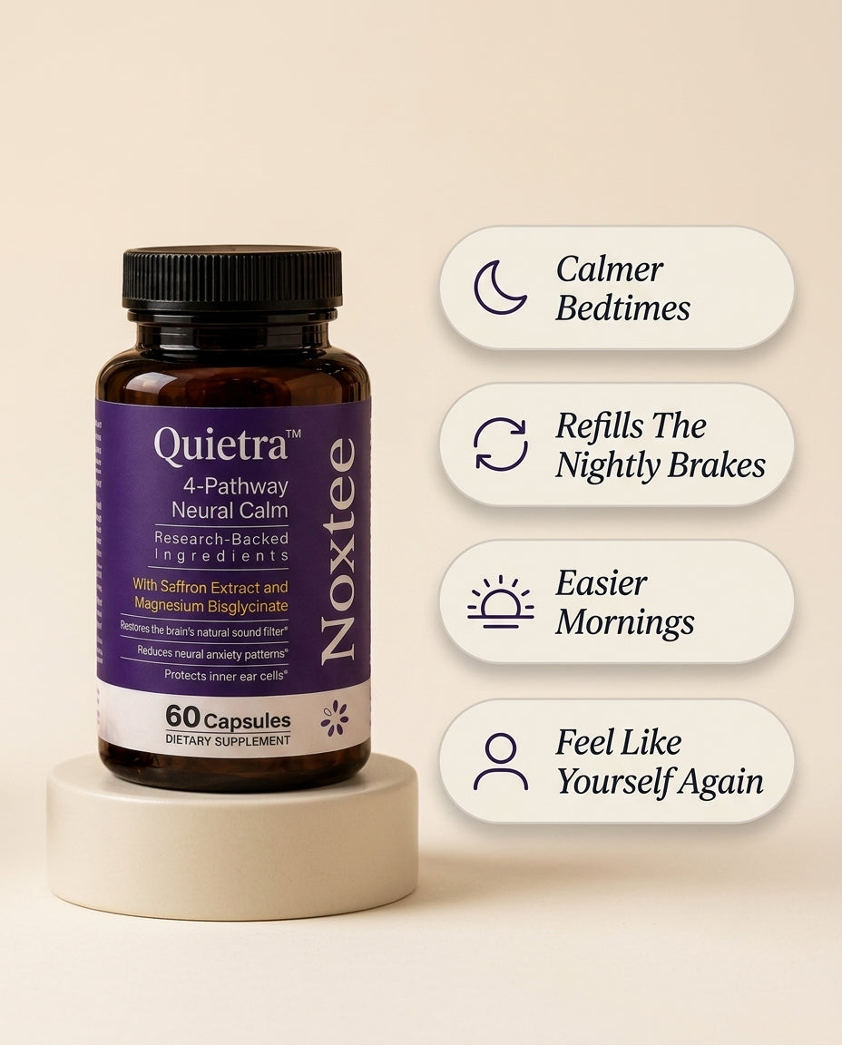 Noxtee bottle with calmer bedtime wind-down, gain window, steadier sleep, and room-again badges