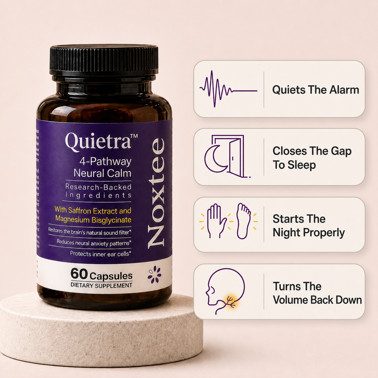 Noxtee bottle with four pathway icon pills