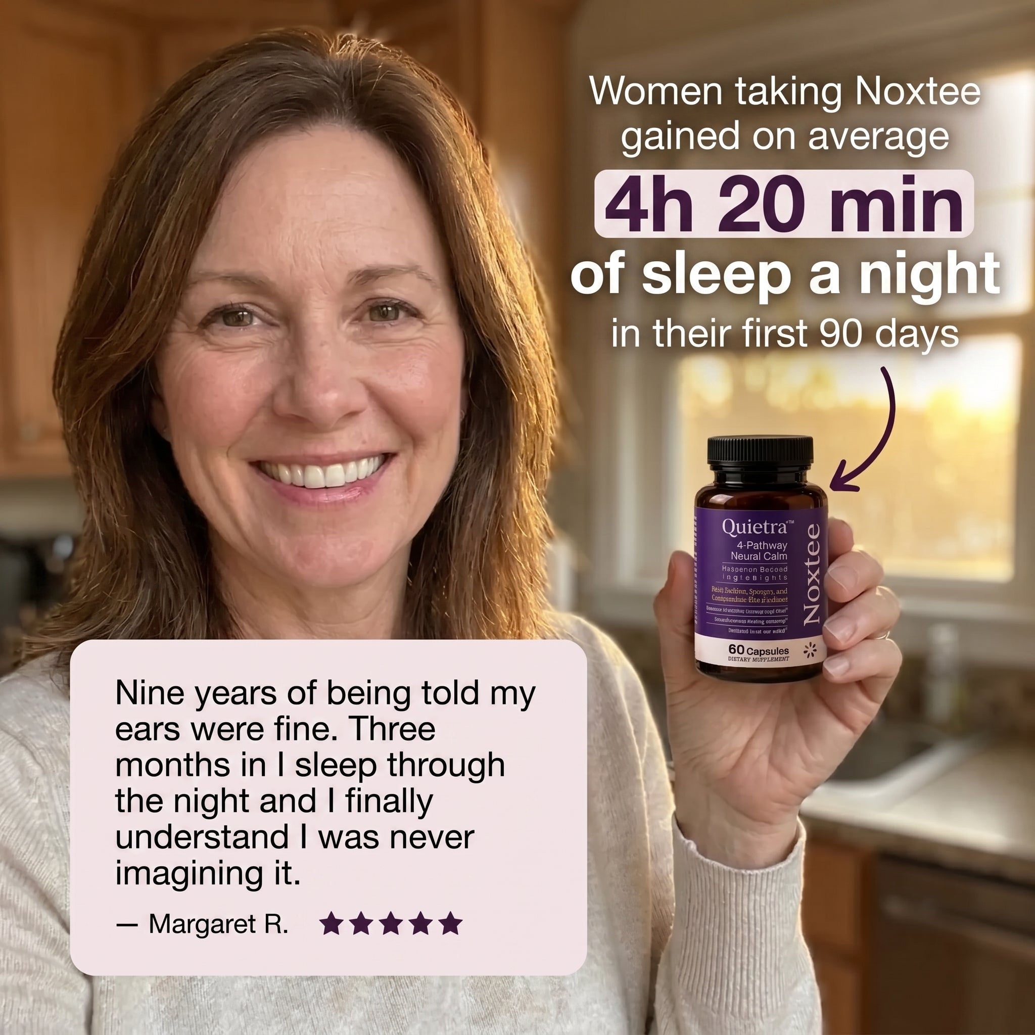 Margaret holding a Noxtee bottle with her sleep result and testimonial
