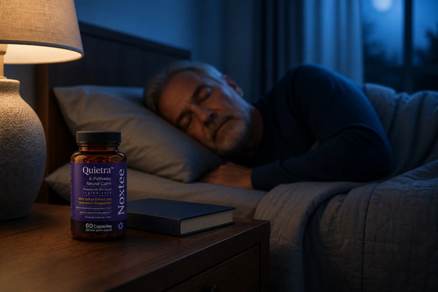 Quiet bedroom with Quietra on the bedside table