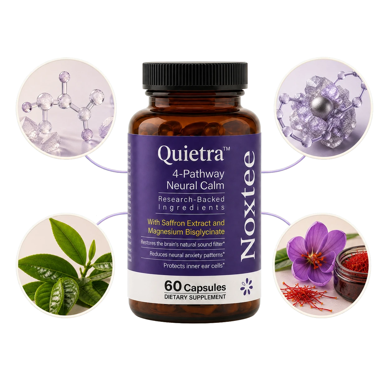 Quietra bottle surrounded by its four targeted ingredients