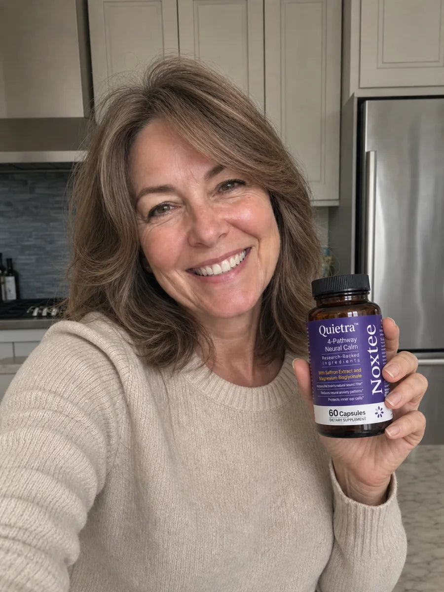 Woman holding a bottle of Quietra in her kitchen
