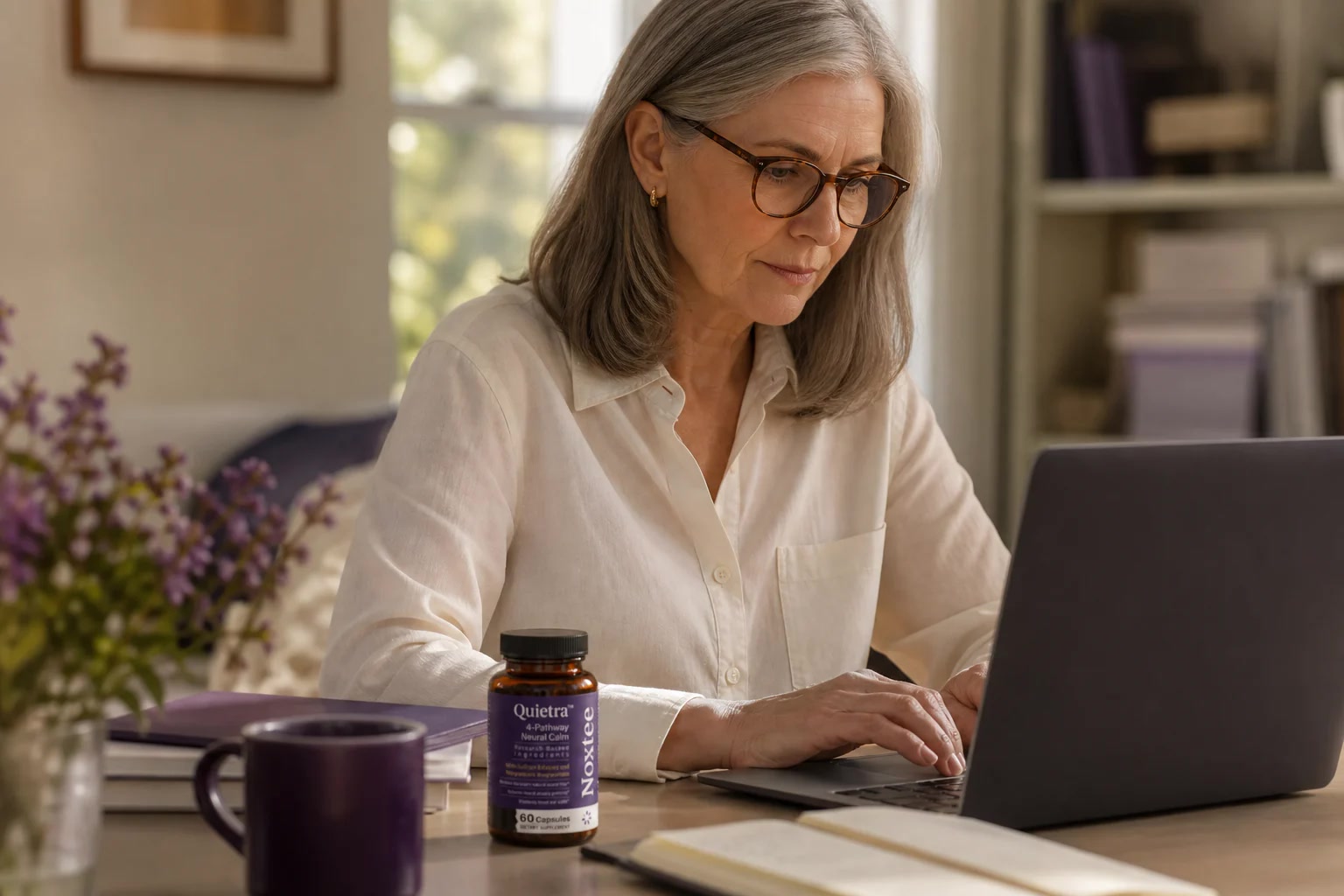 Woman focused at her desk with Quietra nearby