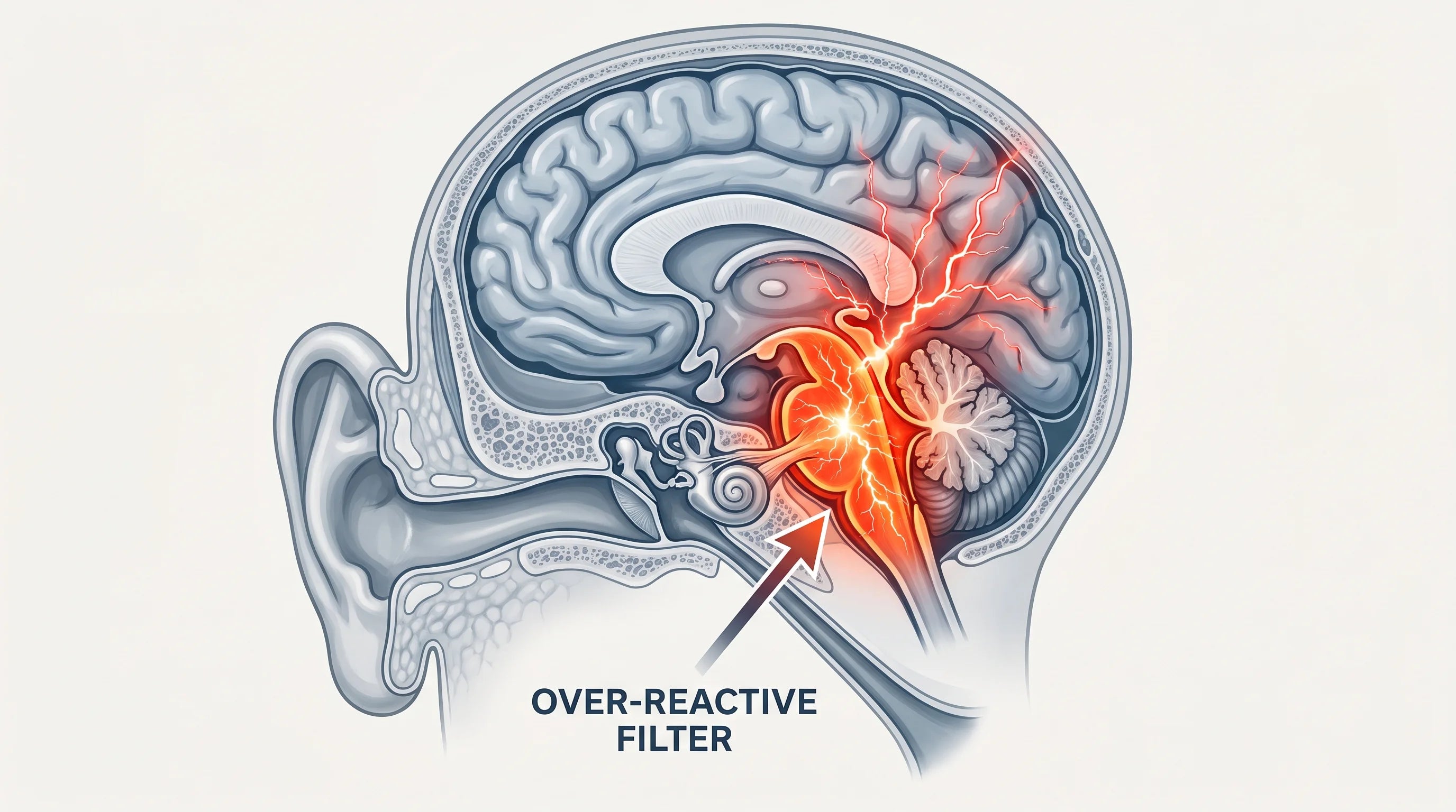 Medical illustration showing an over-reactive brainstem filter amplifying auditory signals