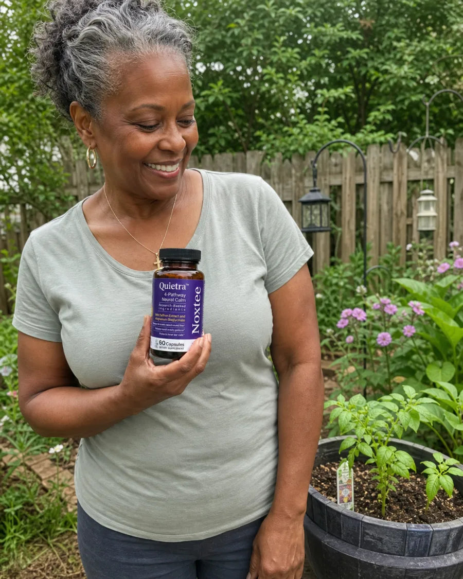 Mature customer holding a bottle of Quietra in her garden
