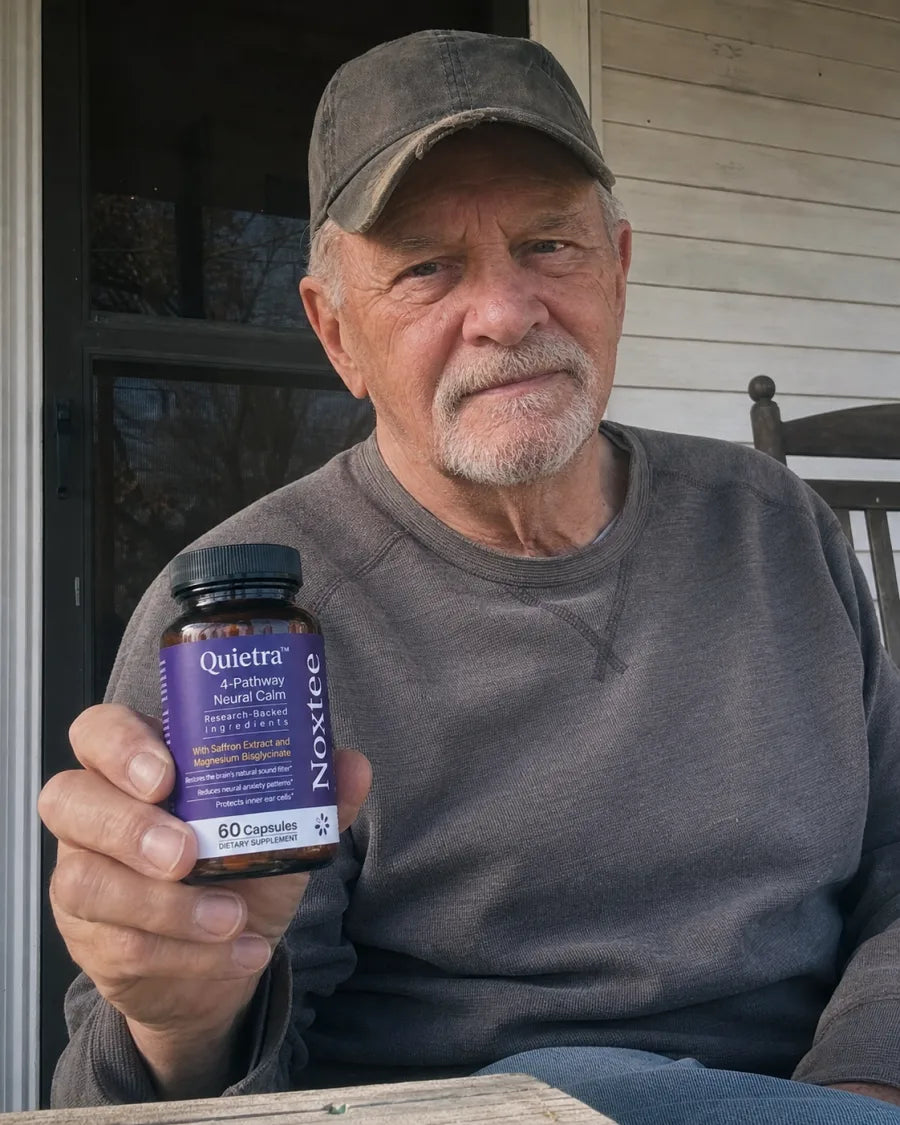 Mature veteran holding a bottle of Quietra on his porch