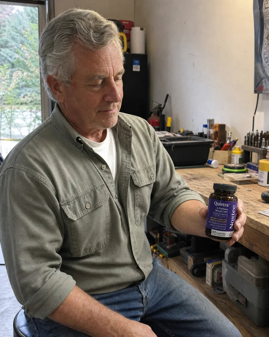 Mature customer holding Quietra in his home workshop