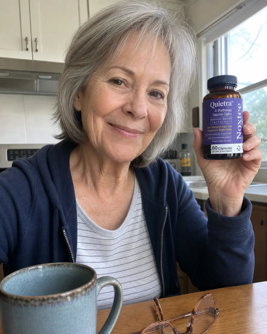 Mature customer holding a bottle of Quietra at her kitchen table