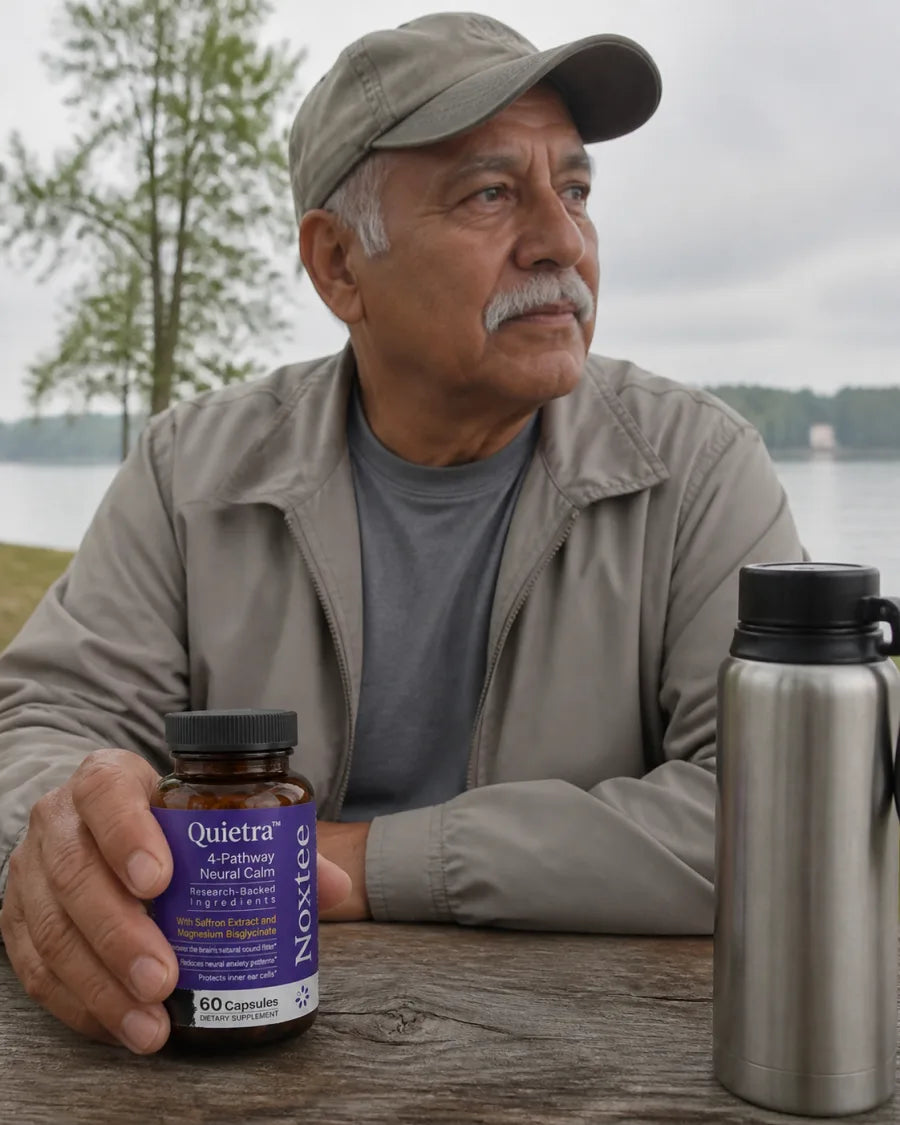 Mature veteran holding Quietra at a lakeside picnic table