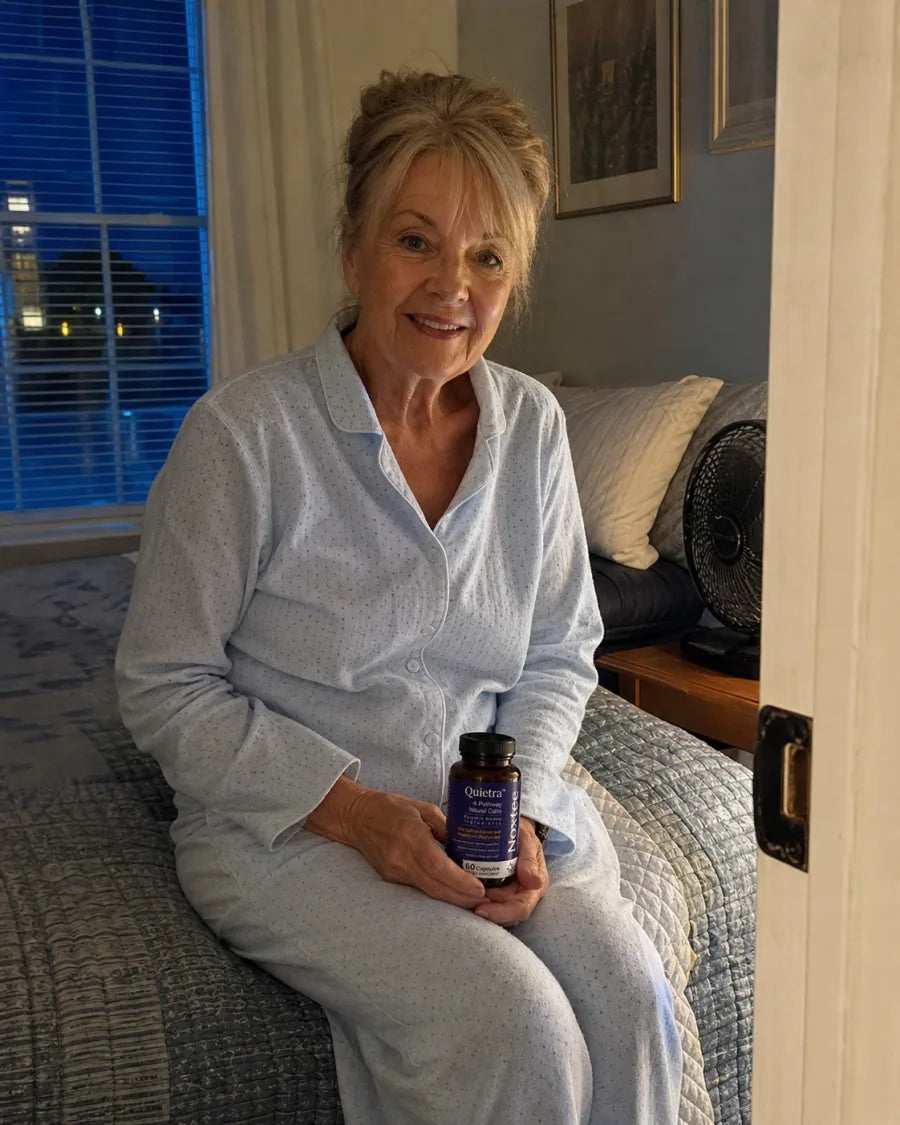 Mature customer holding Quietra while seated in her bedroom