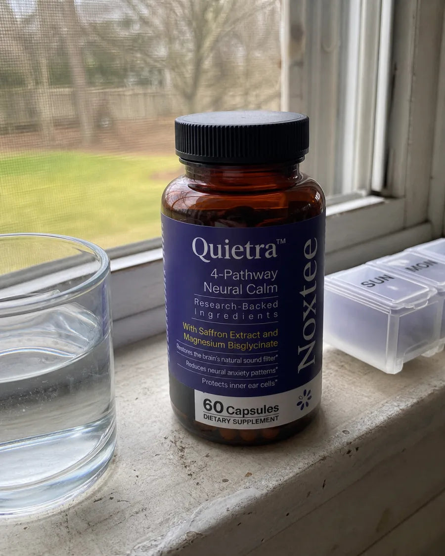 Quietra bottle beside water and a pill organizer on a kitchen windowsill
