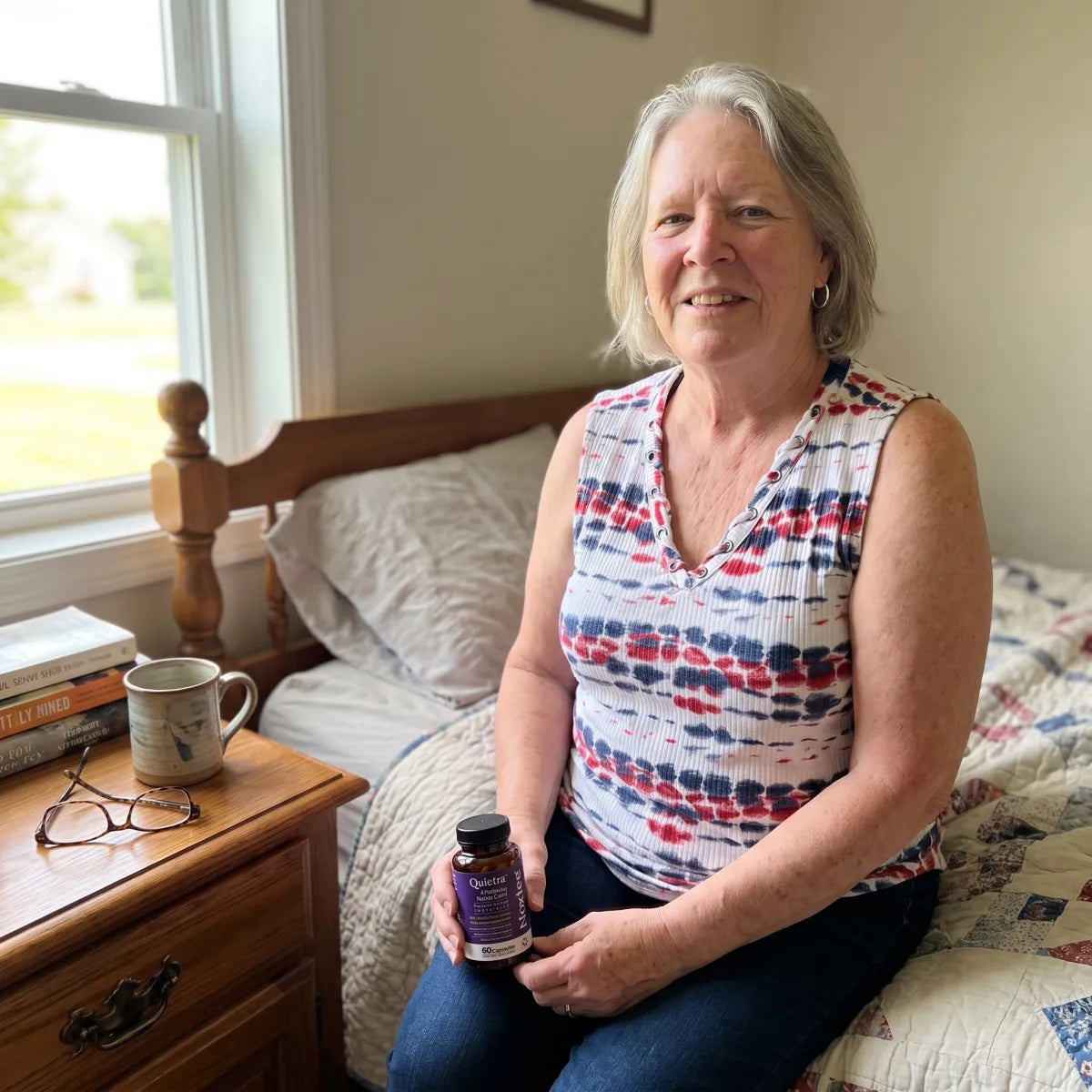 Susan D. sitting on her bed holding a Quietra bottle