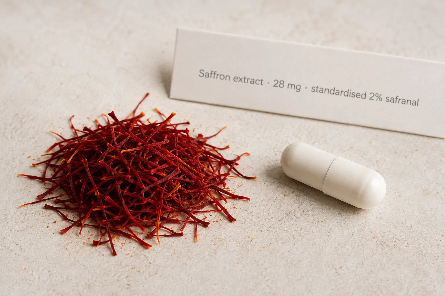 Saffron threads beside one capsule, 28 mg standardised extract