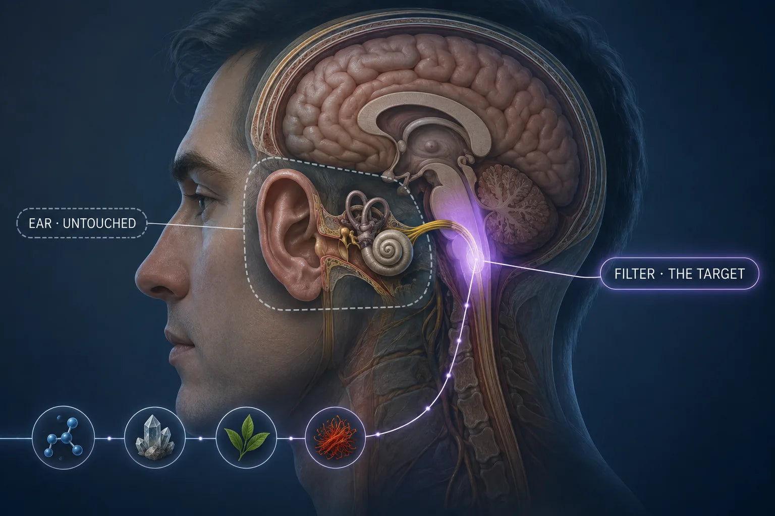 Head cutaway: the ear marked untouched, the brainstem filter marked as the target, four ingredients bypassing the ear