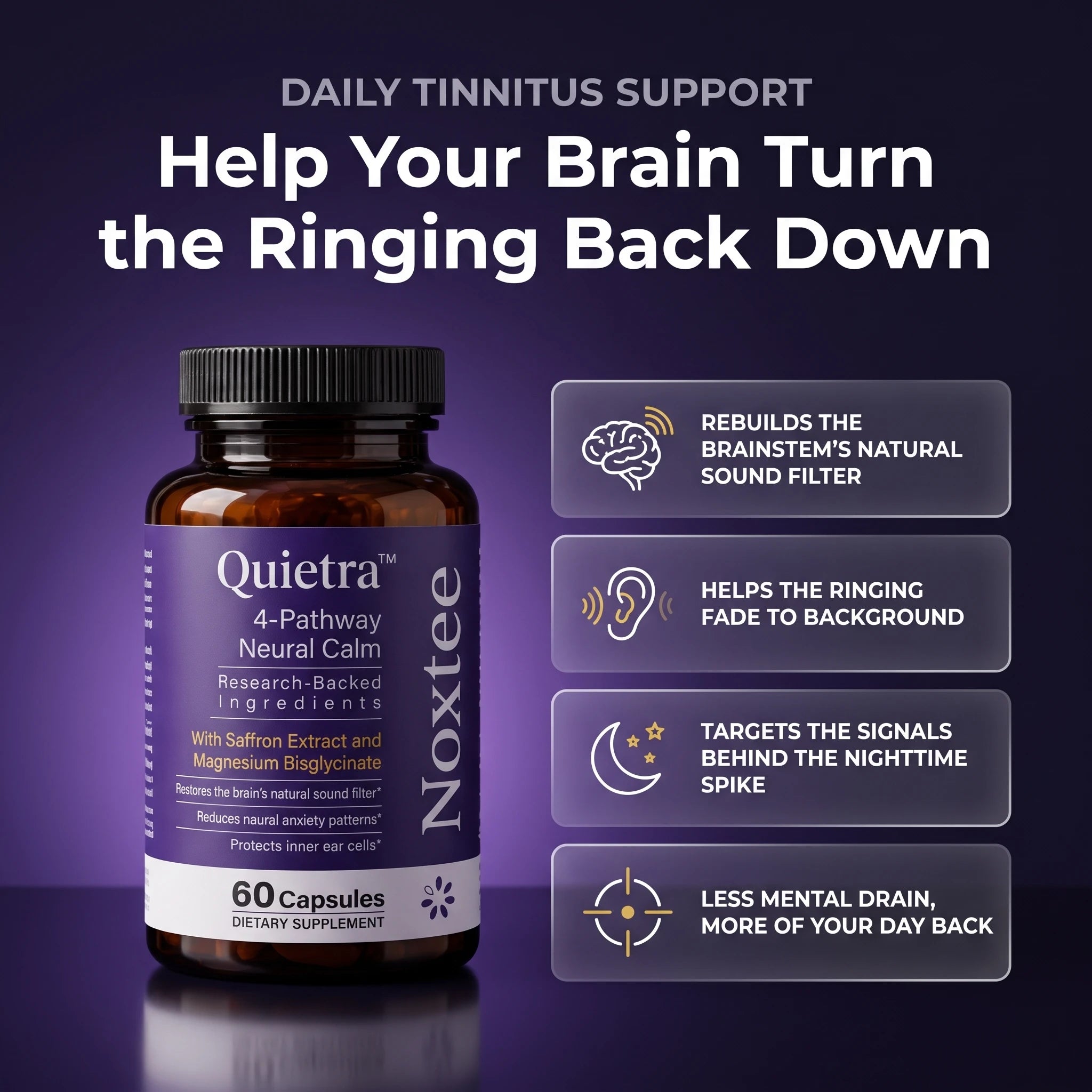 Quietra bottle with four tinnitus support benefits
