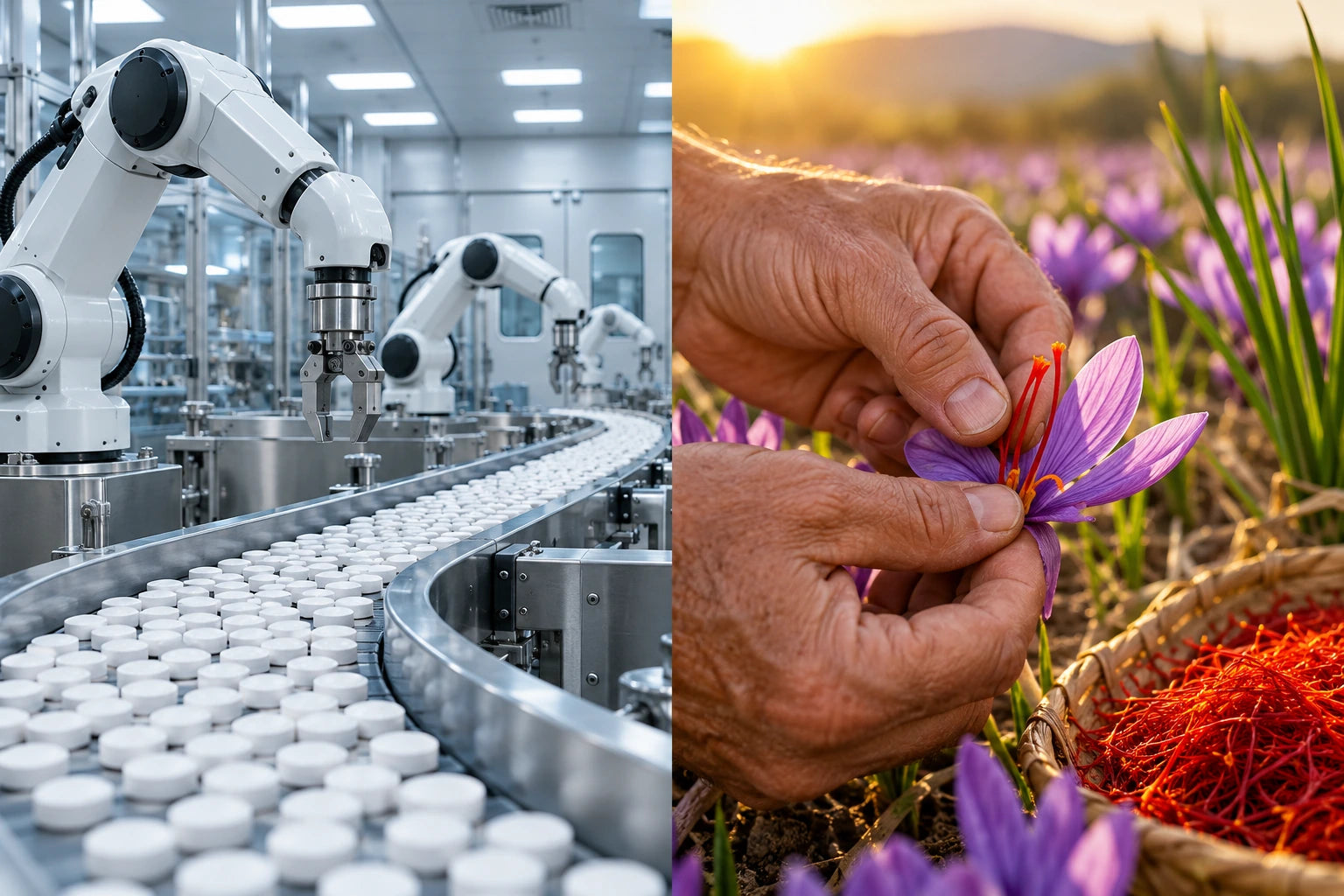 Pharmaceutical production and saffron harvested by hand