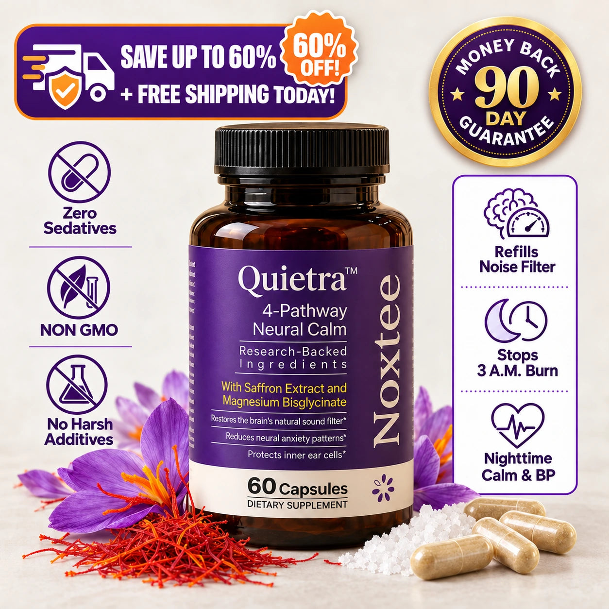 Noxtee Quietra product graphic with 90-day guarantee
