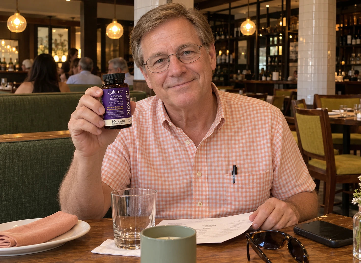 Dan P. holding Noxtee Quietra at a restaurant